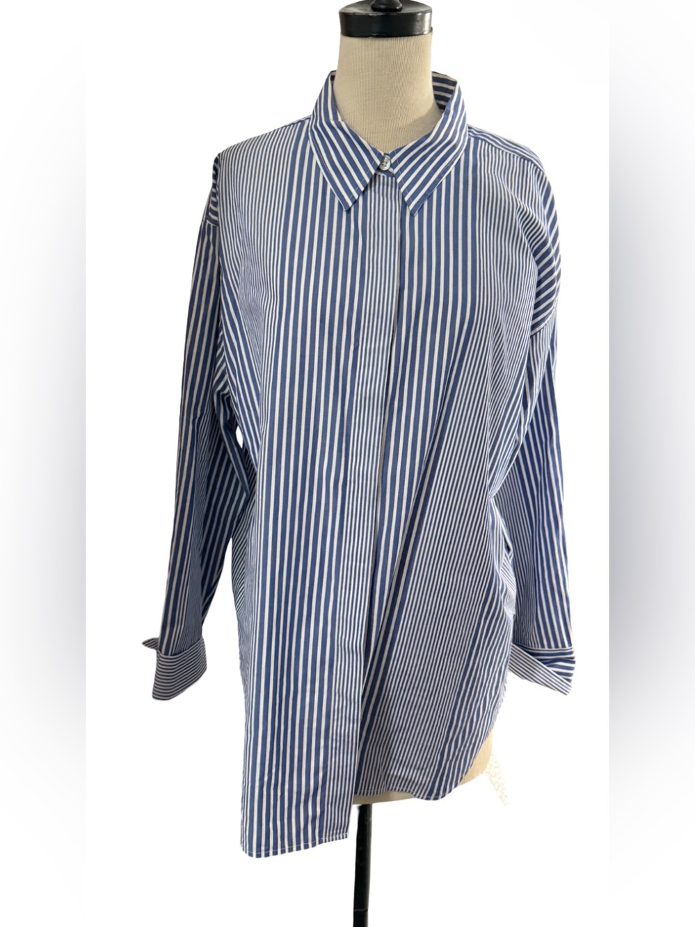 Ann Taylor Weekend Blue White Striped Oversized Button Down Shirt XL